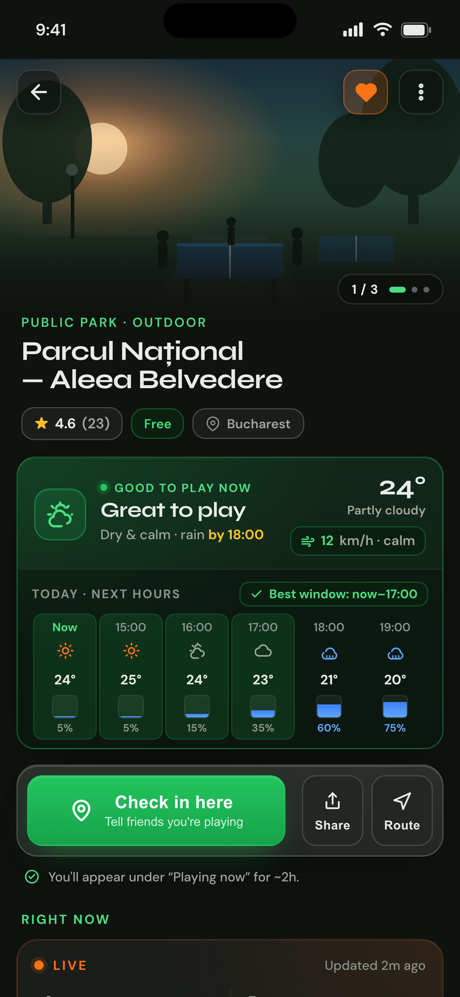 Weather-first venue screen showing playability and the hourly forecast
